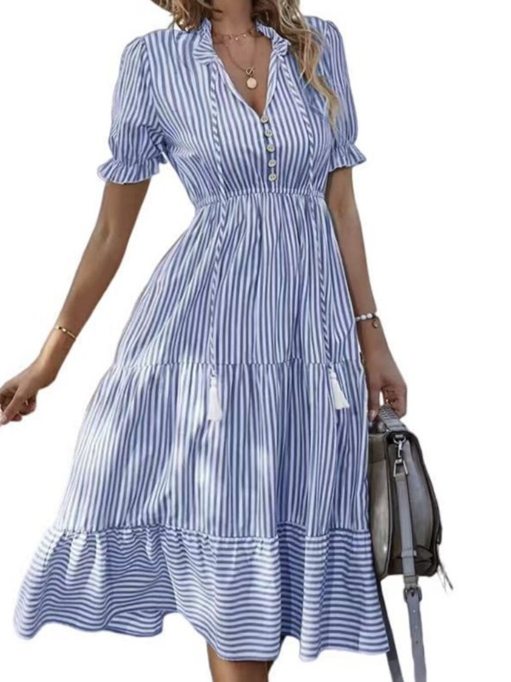 Women's Blue Striped V-Neck Puff-Sleeve Tiered Midi Dress